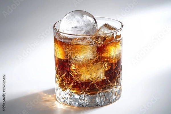 Fototapeta Iced beverage in crystal glass with round ice sphere and cubes against light background