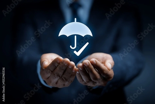 Fototapeta High quality photo of man holds out his hands with an umbrella and checkmark icons inside, symbolizing life insurance protection against dangerous events. The background is dark.
