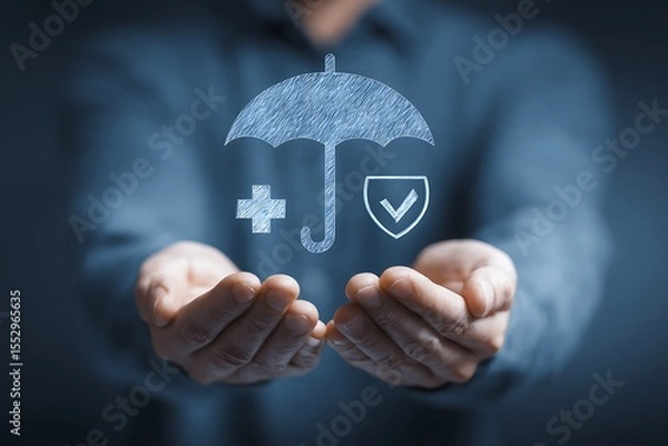Fototapeta High quality photo of man holds out his hands with an umbrella and checkmark icons inside, symbolizing life insurance protection against dangerous events. The background is dark.