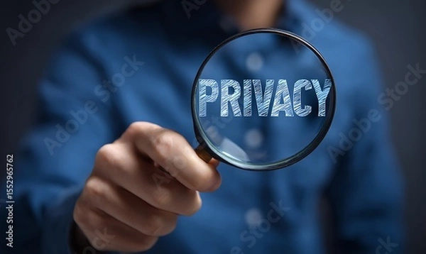 Fototapeta High quality photo of man in a blue shirt holding a magnifying glass with the words "PRIVACY" written on it, looking at data and personal information under the lens. This concept.