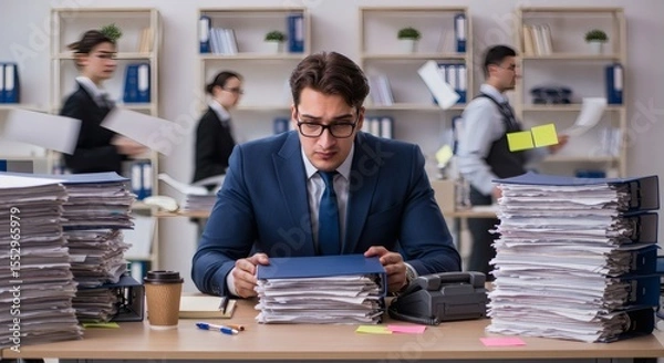 Obraz Overwhelmed employee in suit sits at cluttered desk with high stacks of papers.