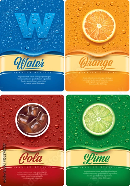Obraz Drinks and juice background with drops and orange and lime slice. Package template for juice drinks	