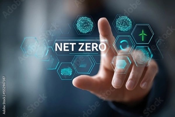Obraz High quality photo of man touching a "NET ZERO" icon with circular and hexagonal symbols, green energy icons floating around in the background, high-quality photography, depth of.