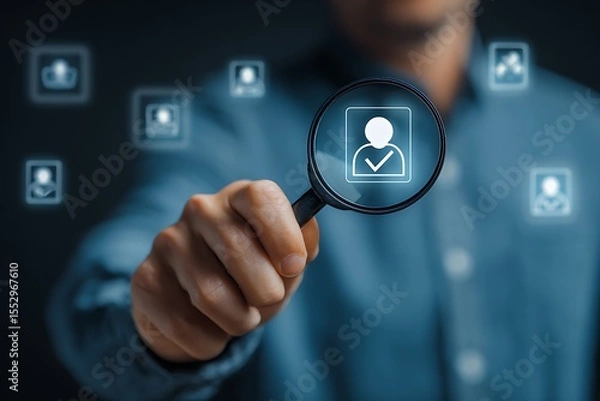 Fototapeta High quality photo of man using a magnifying glass to examine a human icon with a check mark on a screen, contemplating the concept of employee selection or HR brokering. The man.
