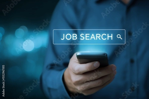 Obraz High quality photo of man is searching on the internet with a smartphone and the text "JOB SEARCH" appears on the screen. The image shows an ethereal light, a close-up of a blue.