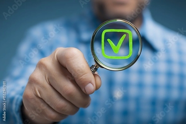 Fototapeta High quality photo of man using a magnifying glass to focus on a green check mark icon in a human resources online form, against a blue shirt background. High detail.