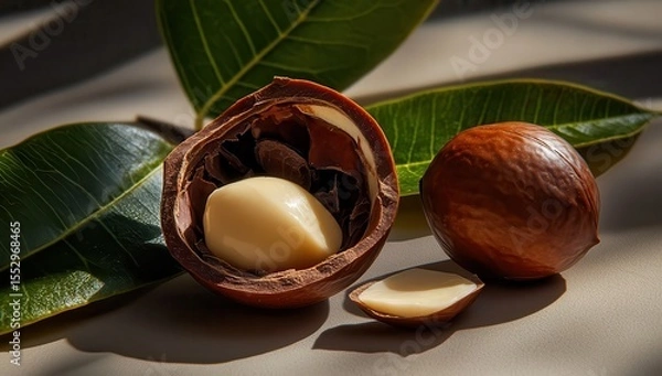 Fototapeta A macadamia nut is opened to reveal its interior, with two nuts and some leaves next to it. The shell of the macadamia dried fruit has an oval shape and rounded edges. It uses raw.