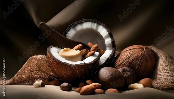 Fototapeta Nuts, macadamia nuts and shea butter inside the opened coconut shell. A cornerstone of African traditional herbal medicine. A healthy food source for global peace in every country.