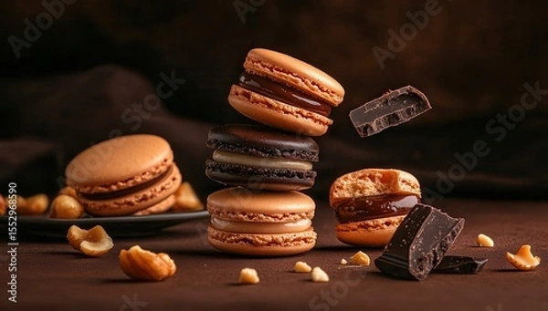 Fototapeta Macadamia nuts with creamy chocolate praline inside the macaron shells, surrounded by opened macaron fruits and shells, on a brown background. Macro photography, product photo.