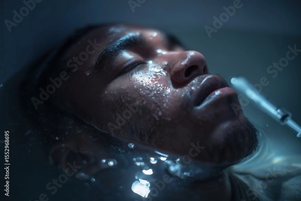 Fototapeta Portrait of young black man partially submerged in water, his face emerging just above the surface. Syringe floats nearby