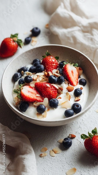 Fototapeta A delicious seasonal breakfast showcases creamy yogurt generously topped with vibrant strawberries, blueberries, and sliced almonds, creating a fresh and nutritious dish