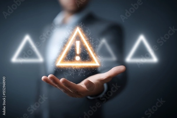 Fototapeta High quality photo of person holding an exclamation mark with a triangle on their hand, signifying a warning or point of attention. The background is dark gray, and the focus is.
