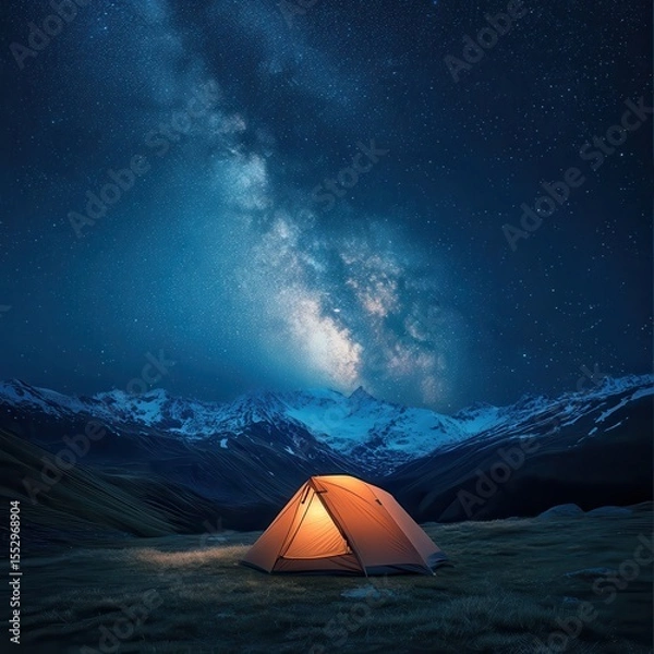 Fototapeta Camping in the mountains under the stars. A tent pitched up and glowing under the milky way. Photo composite. --profile 773ghdn.