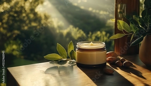Fototapeta A jar of shea butter sits on the table, surrounded by matching nuts and leaves, bathed in sunlight streaming through the window, set against an outdoor backdrop with greenery. The.