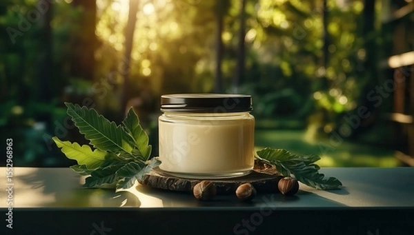 Fototapeta A jar of shea butter on the table, surrounded by hazelnuts and green leaves, illuminated with natural light, blurred background of trees in sunlight, close-up shot, high-resolution.