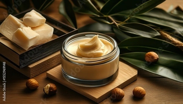 Fototapeta M_DSP_208635417 skin care cream jar with shea butter and macadamia nuts on a wooden table, macro shot of a natural organic cosmetic product, close-up view of a face cream in a.