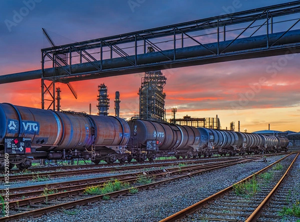 Obraz Marshalling yard at sunset with liquid transport train wagons and petrochemical industry on the background, Port of Antwerp, Belgium 