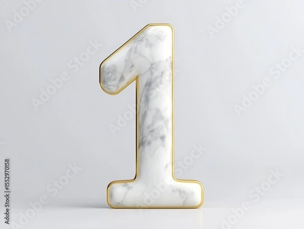 Obraz 3D number one sculpture crafted from white marble with golden edges, standing on a minimalist background for premium visual appeal.
