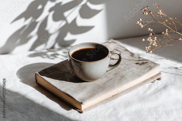 Fototapeta Still life in boho style of a artisan cup of coffee next to a book
