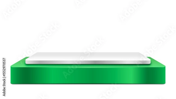 Fototapeta Modern rectangular display podium with a vibrant green base and a sleek white top, ideal for product showcases on a transparent background.

