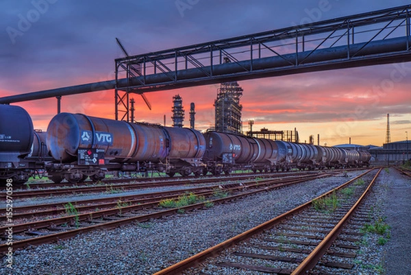Obraz Marshalling yard at sunset with liquid transport train wagons and petrochemical industry on the background, Port of Antwerp, Belgium 