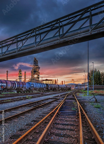 Obraz Marshalling yard at sunset with liquid transport train wagons and petrochemical industry on the background, Port of Antwerp, Belgium 