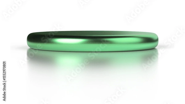 Fototapeta Sleek, highly reflective metallic green ring-shaped display object with a subtle shadow, ideal for showcasing small items on a transparent background.

