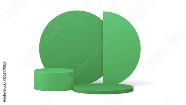 Fototapeta Green geometric display set with round podiums and circular backdrops, perfect for minimalist product showcases on a transparent background.

