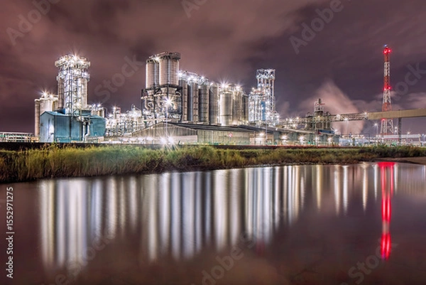 Obraz Busy illuminated petrochemical power plant at nighttime reflected in a large pond, Port of Antwerp, Belgium 