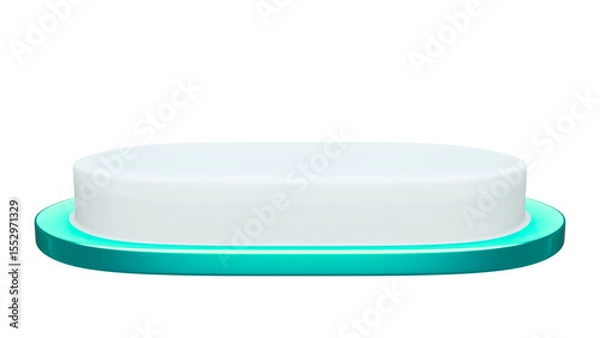 Fototapeta Sleek, modern oval podium with a glowing turquoise base, ideal for product display, presentations, or award ceremonies on a clean white background.

