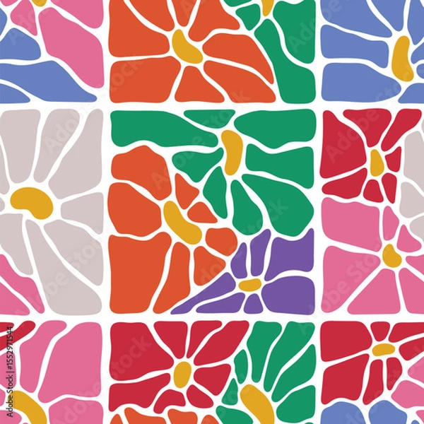 Fototapeta Multicolored vintage flowers. Vector seamless pattern, botanical arrangement, good for textile, wallpaper, and wrapping paper