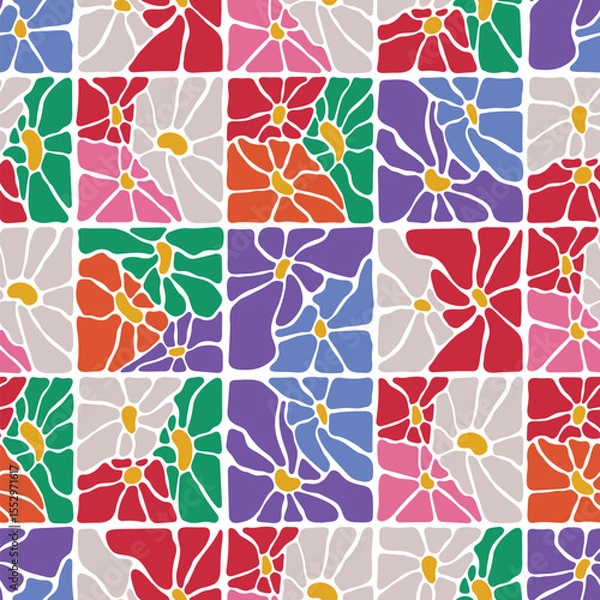 Fototapeta Vintage geometric flowers. Vector seamless pattern, botanical arrangement, good for textile, wallpaper, and wrapping paper