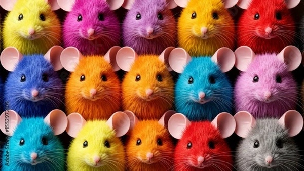 Fototapeta Group of colorful fluffy mice arranged in rows with vibrant fur and large pink ears on a dark background