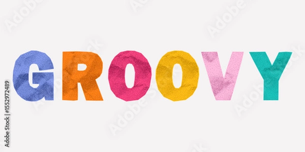 Fototapeta Bright handmade slogans groovy from rainbow letters with paper texture. Rough torn edges, sticker collage look, ransom style messy layout, retro cartoon vibe.