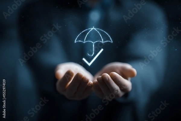 Fototapeta High quality photo of person holding out their hands with an umbrella and checkmark icon floating above, representing digital protection for customer data or personal information in.