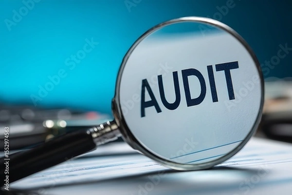Fototapeta High quality photo of auditor examining a document with a magnifying glass, focusing on the words "AUDIT" typography text of the word Andrea Saffoldi, social concept and quality.