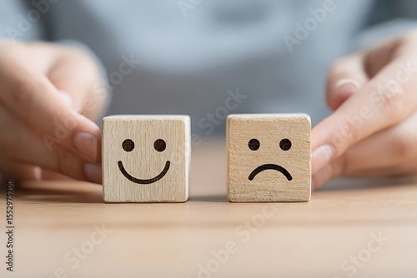 Fototapeta High quality photo of person is holding two wooden cubes, one with an icon of a happy face and the other with a sad smiley face on it. In front of them is an empty table surface.