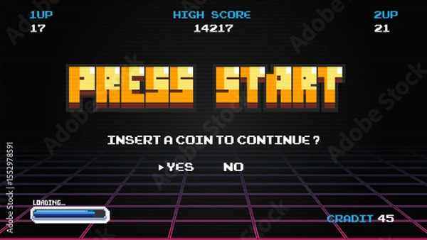 Fototapeta PRESS START INSERT A COIN TO CONTINUE .pixel art .8 bit game.retro game. 