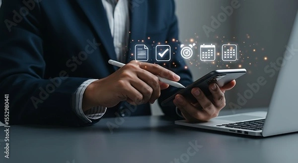 Fototapeta Time Management and Business Productivity Concept,businessperson tapping a smartphone with a stylus,Clock, Calendar, Goal Setting, Checklist, and Task Planning for Efficient Work, Meeting.