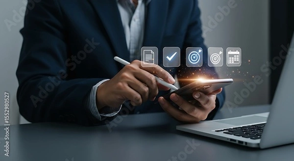 Fototapeta Time Management and Business Productivity Concept,businessperson tapping a smartphone with a stylus,Clock, Calendar, Goal Setting, Checklist, and Task Planning for Efficient Work, Meeting.