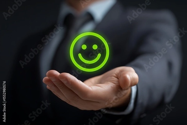 Fototapeta High quality photo of businessman holding a green smiley face icon in his hand, representing a positive customer experience, remote work team, and business development concept on a.