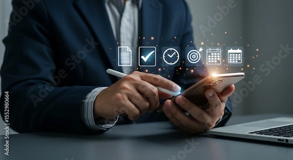 Fototapeta Time Management and Business Productivity Concept,businessperson tapping a smartphone with a stylus,Clock, Calendar, Goal Setting, Checklist, and Task Planning for Efficient Work, Meeting.