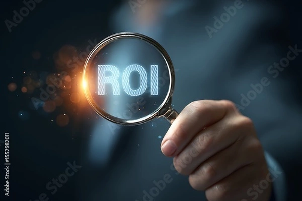 Fototapeta High quality photo of businessman holding a magnifying glass with the word "ROI" over a holographic digital background, close-up view on the hand and a glowing light effect. Digital.