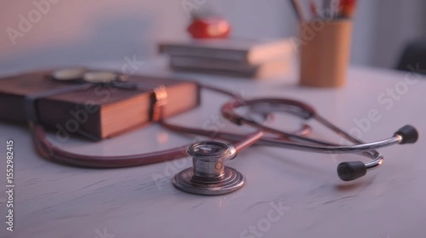 Fototapeta Close-Up of a Stethoscope on a Wooden Desk in a Healthcare Workspace