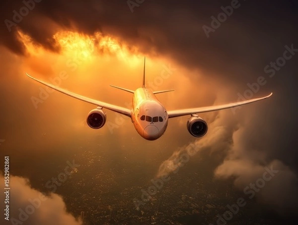 Fototapeta Sleek Airplane Soaring Through Illuminated Clouds at Sunset