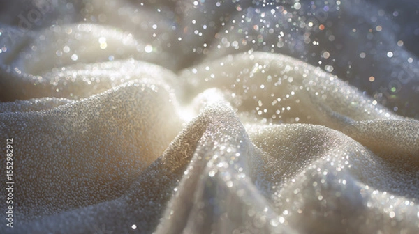 Fototapeta Silk fabric covered with reflective sequins under soft lighting, casting gentle shadows and creating highlights. The sequins add dimension and a shimmering effect to the folds.