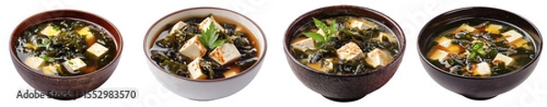 Fototapeta Assortment of Miso Soup with Tofu and Seaweed in Rustic Bowls, PNG set, transparent background
