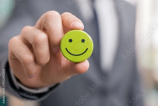 Fototapeta High quality photo of businessman holding a smiley face icon in hand, close-up view of a happy, positive customer experience, with a green color and blurred background, high detail.