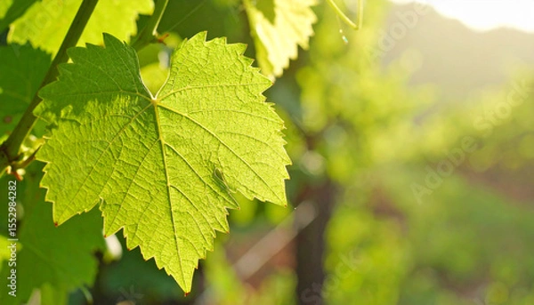 Fototapeta the image shows a close up of a vibrant, green leaf, with a serrated edge. the leaf is translucent, illuminated by sunlight, allowing intricate vein patterns to be visible