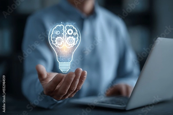 Fototapeta High quality photo of businessman holding a virtual light bulb with brain and gears icon on a laptop screen, symbolizing innovative ideas for business growth in digital marketing.